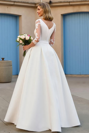 Ivory A Line V Neck 3/4 Sleeve Wedding Dress